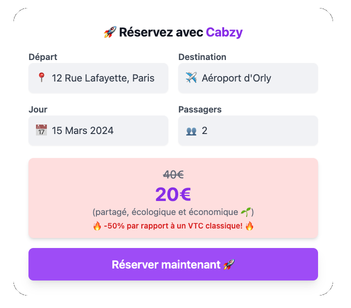 Formulaire de réservation Cabzy avec comparaison de prix VTC classique